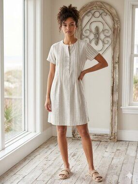 Faherty Cream and Gray Striped Short-Sleeve Button Tunic Dress